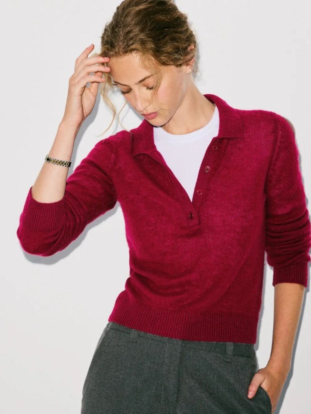 NAADAM Cranberry Long Sleeve Polo 90% 10% Cashmere Wool Size Small MSRP $295